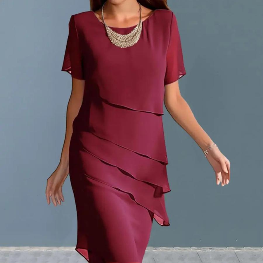 Neues Sommer-Schmal geschnittenes Patchwork-Chiffon-Rundhals-Kurzarmkleid für Damen