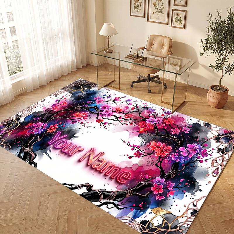 Floral Garden Theme Soft Crystal Velvet Rug Custom Name & Text Print Non Slip Floor Rug for Bedroom Living Room