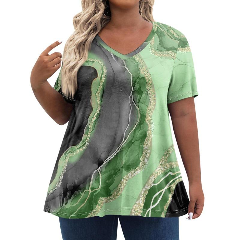 

Женские топы больших размеров с короткими рукавами рубашки с V-образным вырезом повседневная одежда одежда топы с принтом футболки женские 7XL зелёный