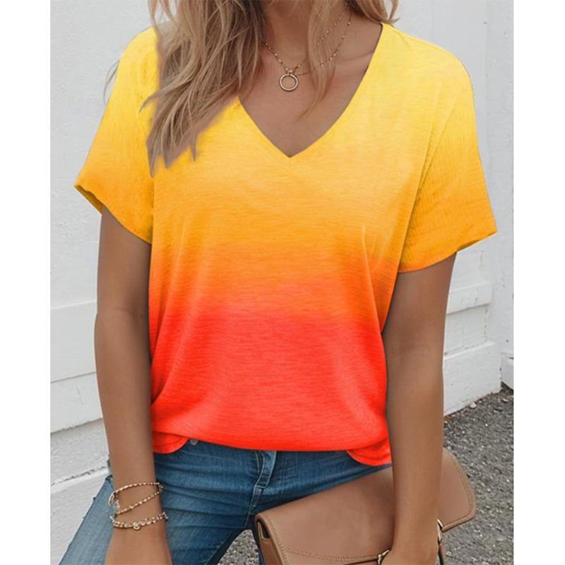 Summer Fashion Gradient 3D Print T-Shirts Women's V-Neck Short Sleeve T Shirt