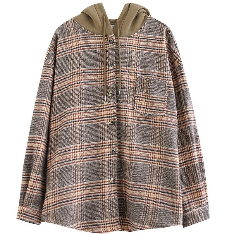 Women S Plus Size Hooded Plaid Wool Blend Shirt Coat For Autumn Winter