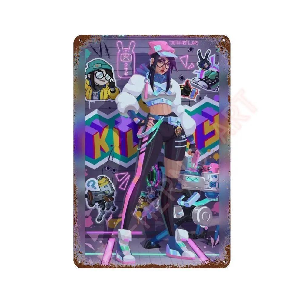 Anime Online Game Valorant Poster Neon Metal Tin Sign Plaque Wall Kawaii Game Room Decor Reyna Jett Gaming Gamer Aesthetic Gift