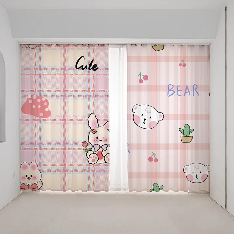 Cartoon Pink Strawberry Cute Bunny Puppy Kitten Print High Shading Curtain Bedroom Living Room Blinds Curtain New Beauty Pattern