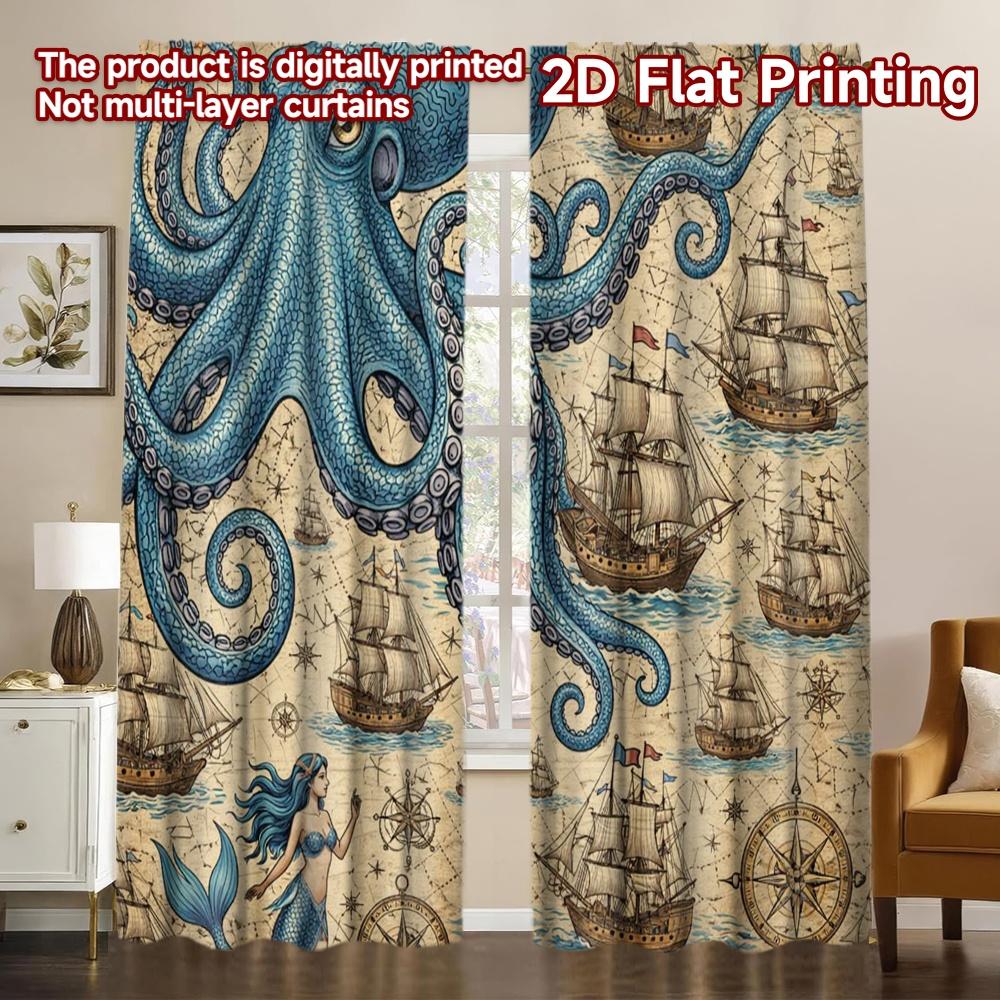 2D FLAT PRINTING 2pcs Curtains (Without Rod) Giant Octopus and Ships Contemporary Modern Curtains Versatile Durable Polyester 60×150cm