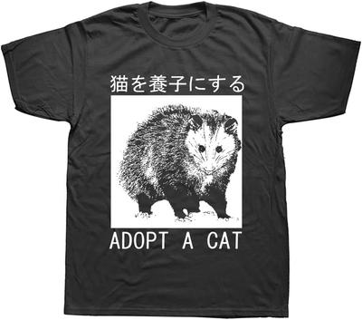 Adopt A Cat Opossum Japanese T Shirts Graphic Cotton Streetwear Short Sleeve Birthday Gifts Black