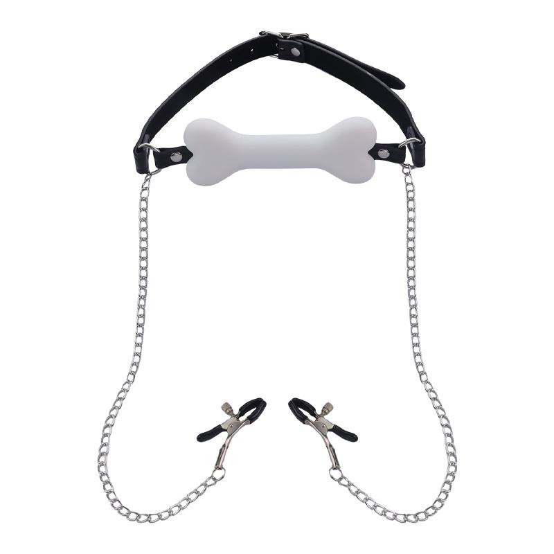 Adult Bone Gag with Chain and Nipple Clamps
