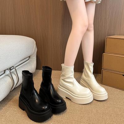 Botas de Cano Curto Plataforma Moda Fundo Grosso Femininas Tornozeleira Moda Bico Redondo Sapatos de Calçar Outono Inverno Botinhas Modernas Femininas