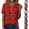 Damen Lässiges V-Ausschnitt Kurzarm Knopfleisten T-Shirt Top mit Weihnachtsdruck für die Feiertage