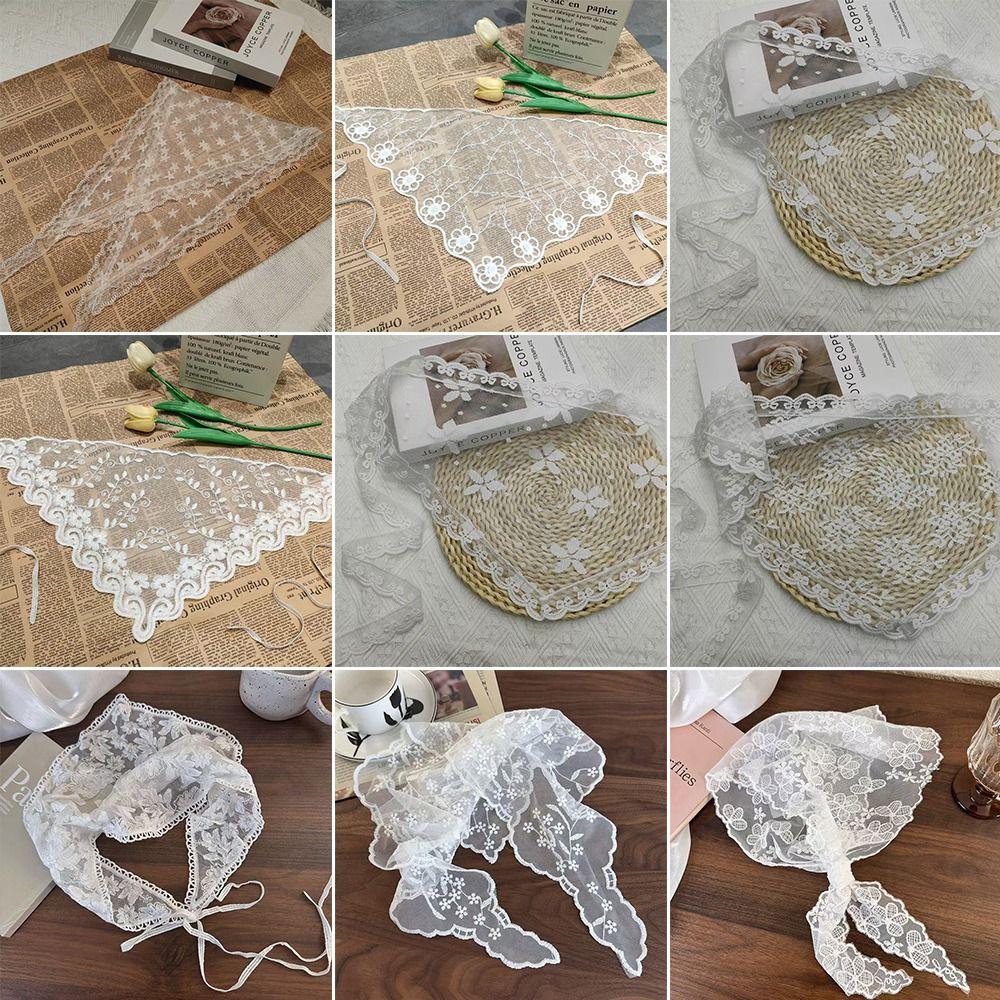 Embroidered Lace Triangle Headscarf Hollow-out Pastoral Style Hair Scarf Wraps White Woven Floral Lace Skirt for Women Girls