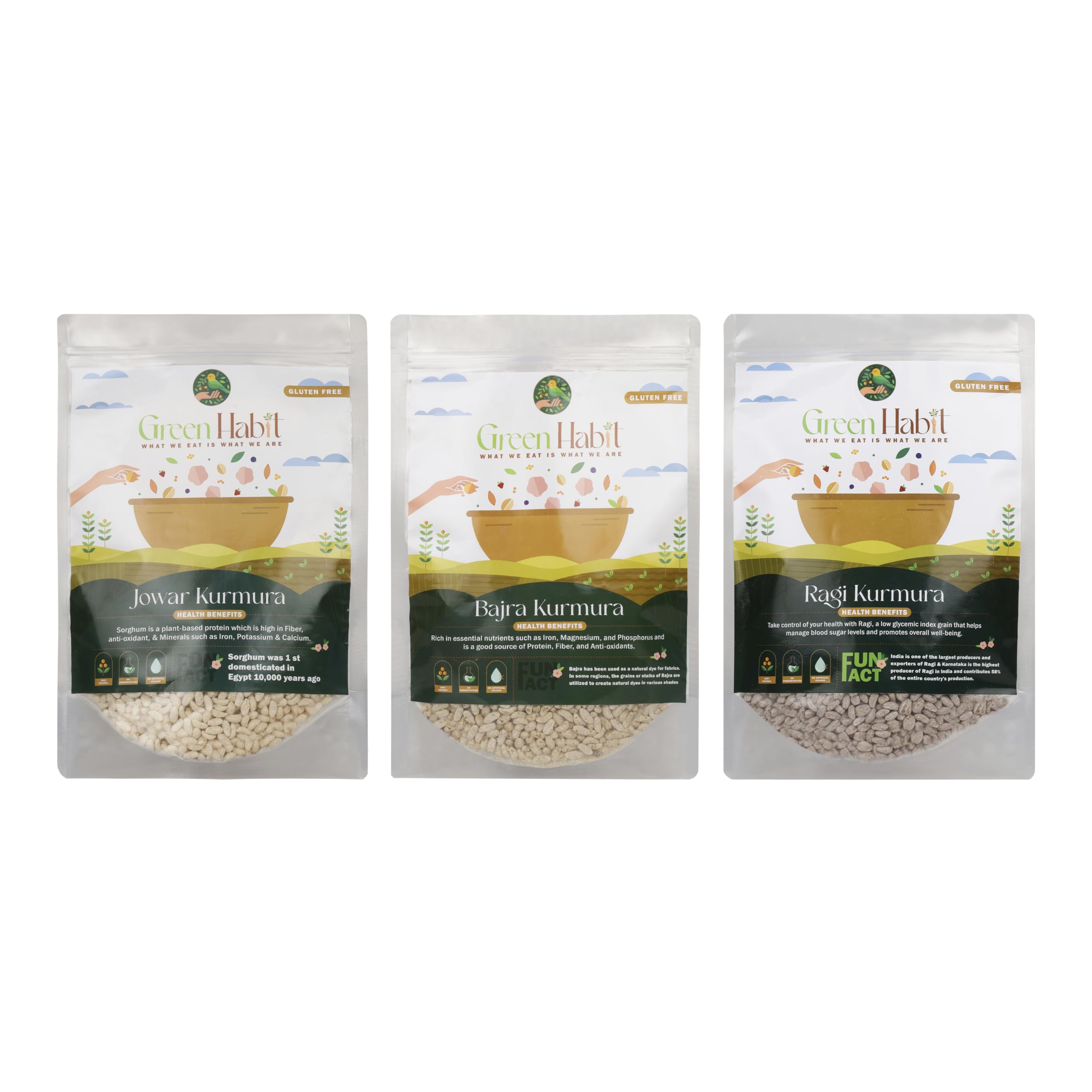 

Greenhabit Jowar, Ragi & Bajra Kurumura Trio a.k.a Sorghum, Finger millet & Pearl Millet Puffed for Healthy Munching alternatives (Puffed Bajri 2