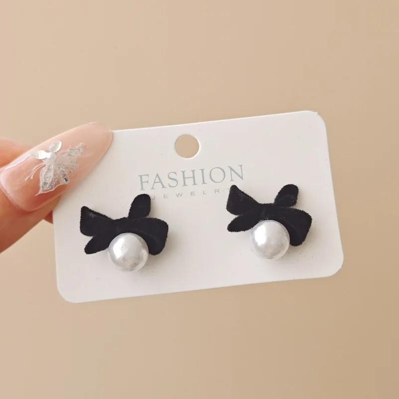 LATS Red Black Bowtie Earrings for Women Girls Simulated Pearl Cloth Bow Tie Earrings Jewelry Ear Accessories Beautiful Gifts