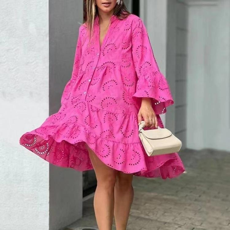 

Elegant V Neck Lace Hollow Embroidery Summer Casual Dress Women Solid Loose Mini Vintage Beach Sexy Dresses S розы красного