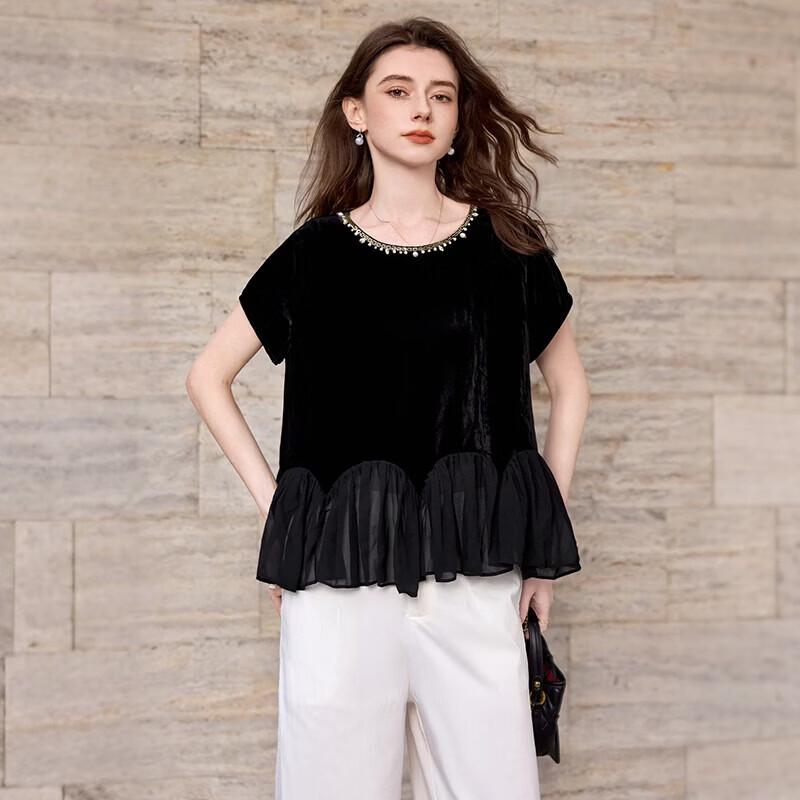 Women s Elegant Velvet Mesh Patchwork Blouse S