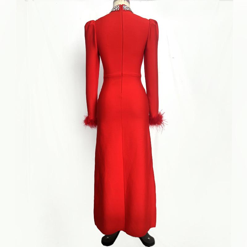 2025 Black High Neck Hot Drill Feather Bodycon Bandage Dress with Long Sleeves.