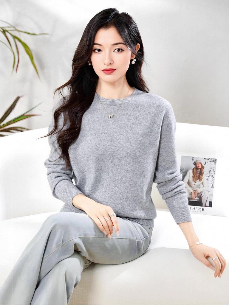 Dámský měkký kašmírový svetr s dlouhým rukávem a kulatým výstřihem - Módní, všestranný a pohodlný úplet.