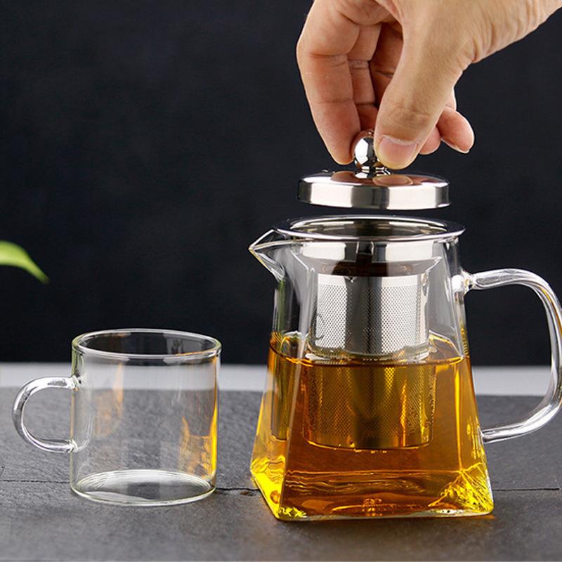 Heat Resistant Glass Teapot With Stainless Steel Coffee Infuser Heated Container Tea Pot Good Clear Kettle Square Filter Baskets