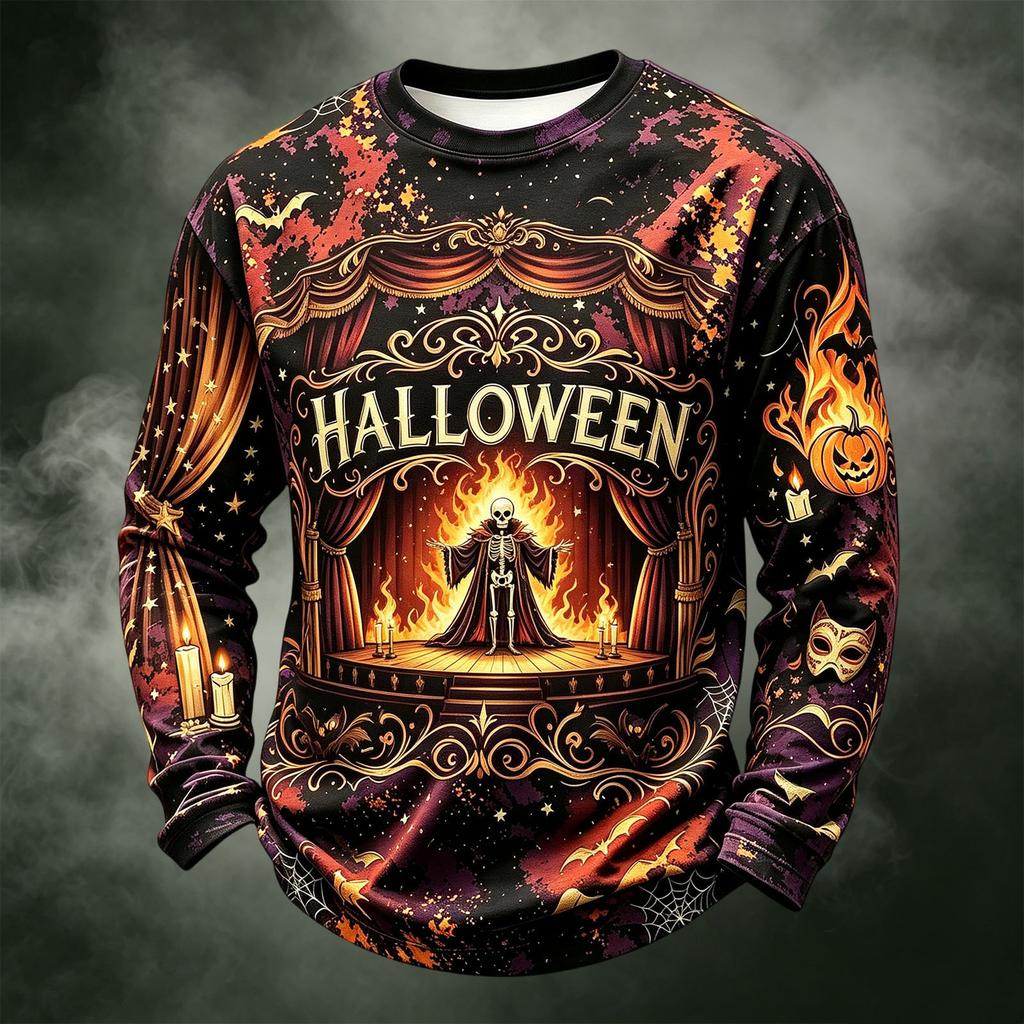 Men's Casual Long Sleeve Crewneck Knit Shirt with Halloween Print