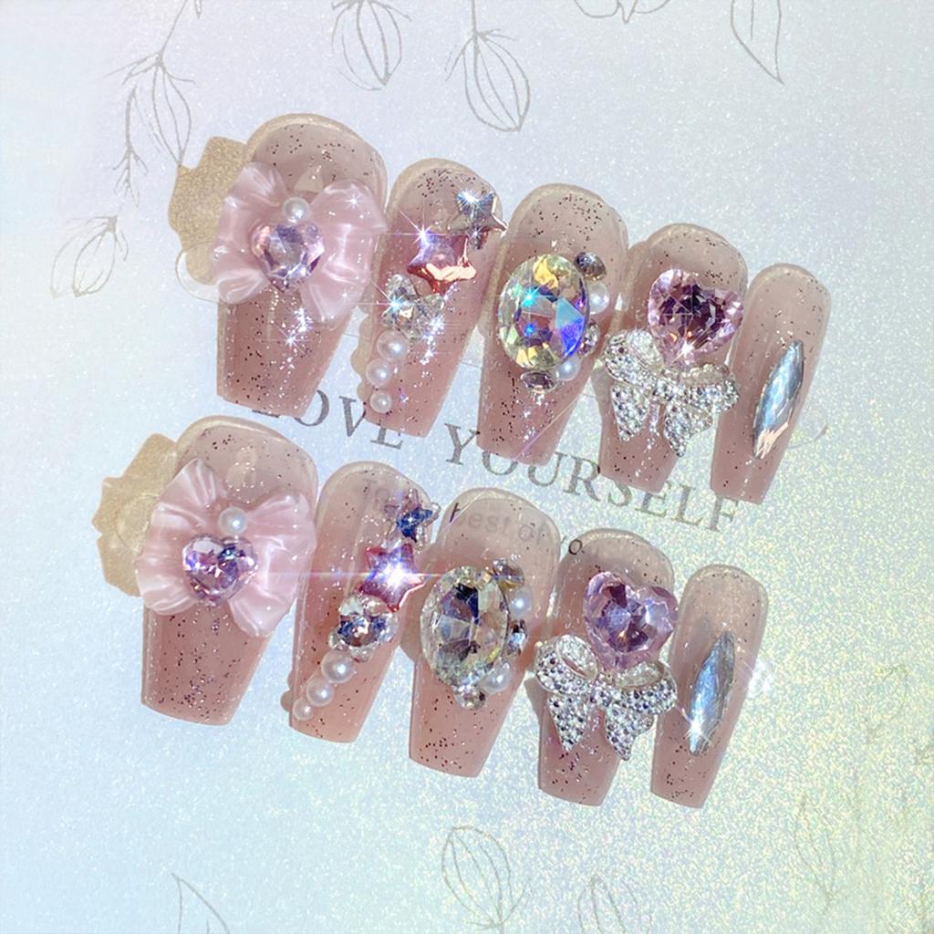 Pink Fake Nails with Full Flash Glitter Decor Charming Comfortable To Wear Manicure Nails for Daily and Parties Wearing