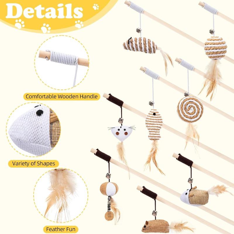 Interactive Cat Toys Set for Indoor Cats Wooden Wand with Bell Feather Sisal Mouse Balls Chew Rope Kitten Chase Exercise Play Pet Supplies