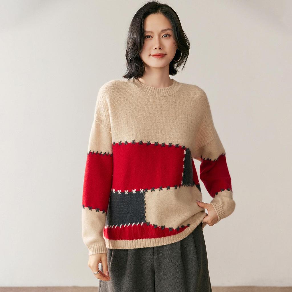 Women's Cashmere Color Block Knit Sweater, Autumn & Winter Half-High Neck, Warm & Gentle Style