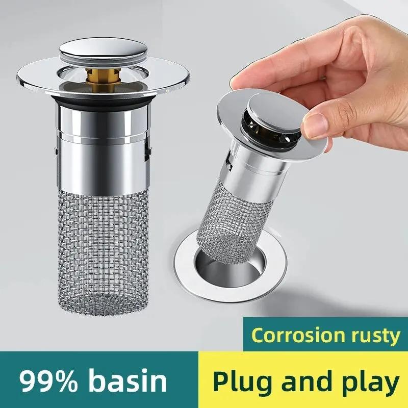 1PCS Washbasin Leak Plug Stainless Steel Odor Proof Bouncing Core Press Type Sink Drain Universal Accessory for Washbasin Bathtub Press Filter