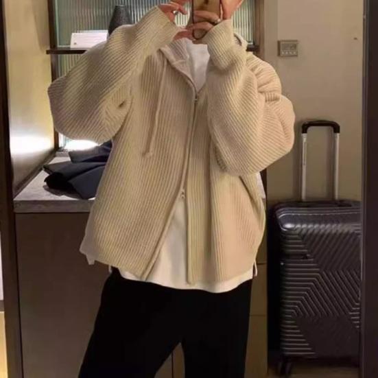 Men Fall Winter Sweater Coat Hooded Drawstring Loose Zipper Closure Long Sleeves Drawstring Mid Length Solid Color Retro Knitted Jacket