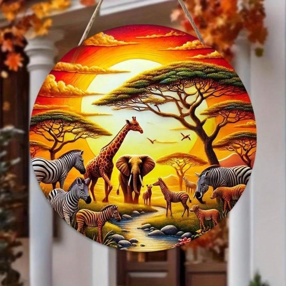 African Wildlife Round Metal Wall Art Decor for Living Room Garden Home