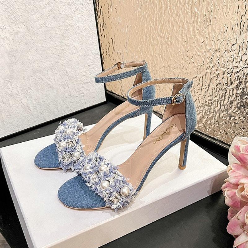Fashion 2025 New Summer Pearl Sandals Round Head Open Toe Fashion All-in-one Korean One-line Belt Denim High Heels