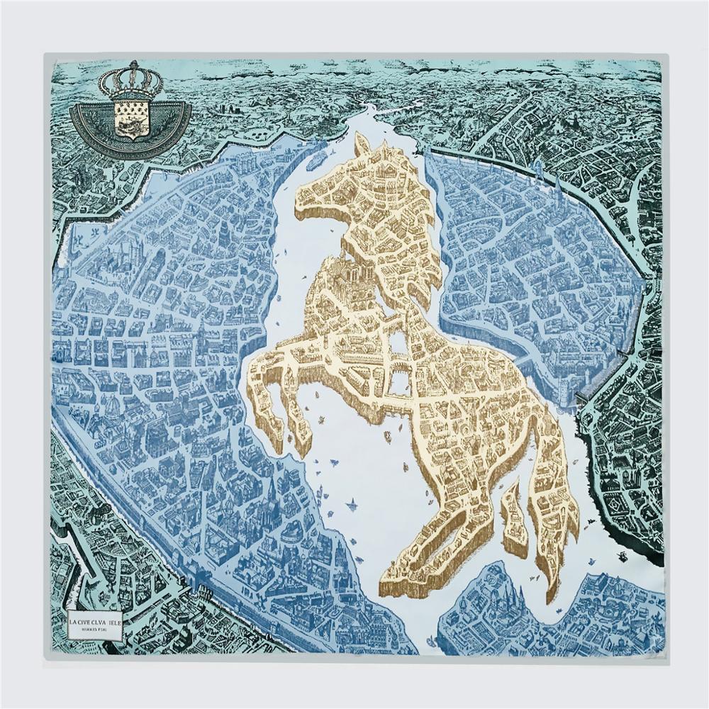 

53cm Brand Design Square Scarf Women Silk Scarf “The city of steed“ Hijab Scarves Fashion Bandana Headband Neckerchief For Lady