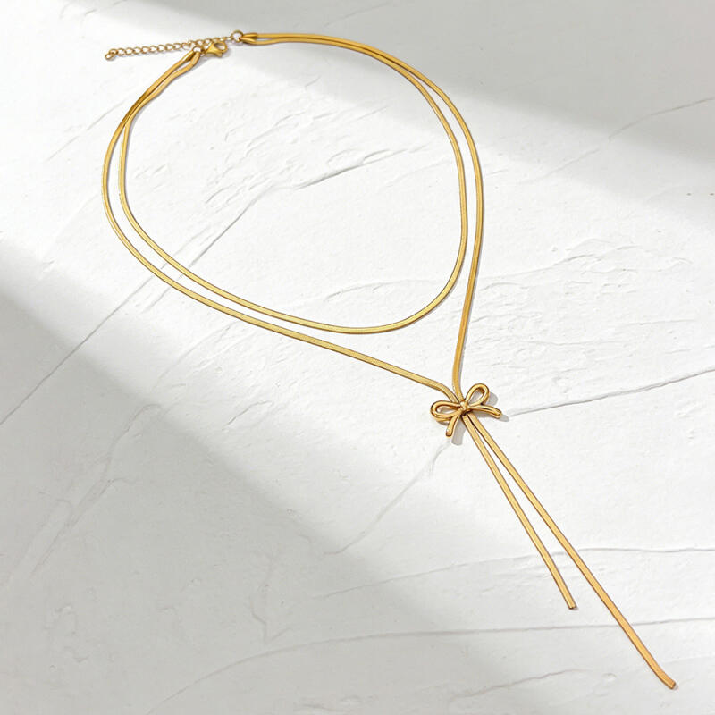 French Style Retro Minimalist Bow Necklaces for Women Ladies Stainless Steel Snake Bone Chains Long Pendant Necklaces Jewelry