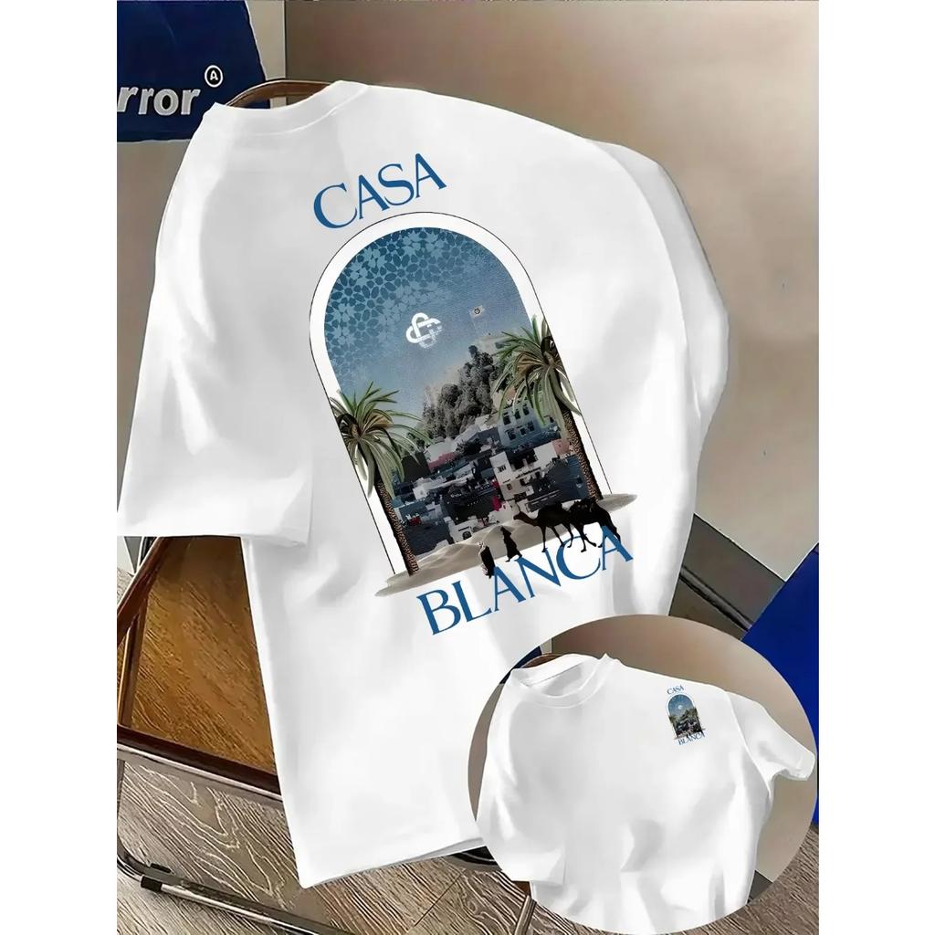 Gorące Marokańskie Miasto Architektura Plaża Graficzny Nadruk Bawełniana Koszulka Męska Damska Casablanca Czcionka Sportowy Codzienny Oversize Harajuku Moda Letnia Nowa Koszulka