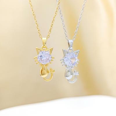 Gold-Plated Copper Cat Necklace with Zirconia—Elegant, Luxurious Clavicle Jewelry for Women