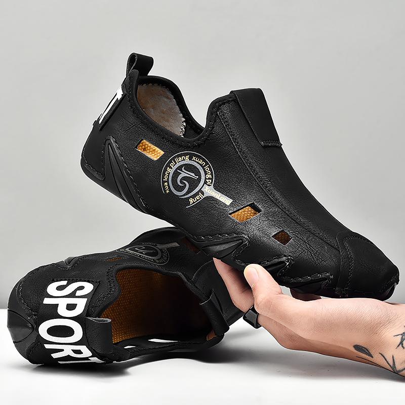 Erkek Spor Ayakkabıları Büyük Beden Yumuşak Tabanlı Lazy Hollow Deri Ayakkabılar ve Fasulye Ayakkabılar