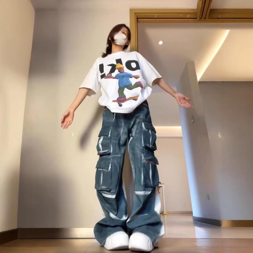 

Unisex Tie-Dye Gradient Wide-Leg Denim Cargo Pants Medium