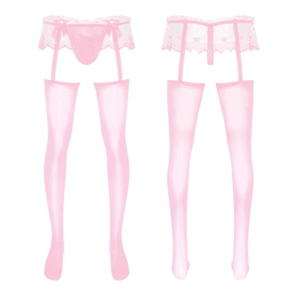 Mens Exotic Sheer Lace Briefs with Stocks Cutout Pantyhose Bulge Pouch G-Strings Glossy Garters Leggings Sissy Nightwears Party