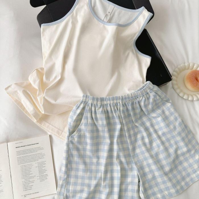 Simple blue plaid print summer pajamas women s cloud cotton vest shorts suspenders sleeveless loungewear set M