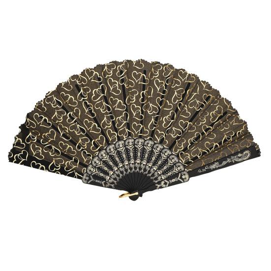 

Love Heart Print Folding Fan Chinese Style Hollow Ribs Fabric Hand Fan Portable Cooling Fan Dance Party Performance Props