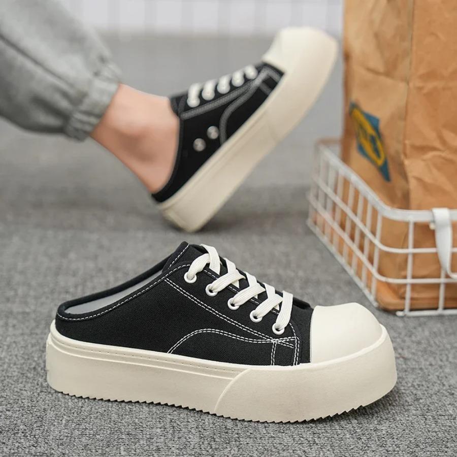 2025 Summer New Half-drag Canvas Shoes Without Heels, Lazy Person's One-foot Wear, Thick-soled, Big-headed Outerwear Board Shoes