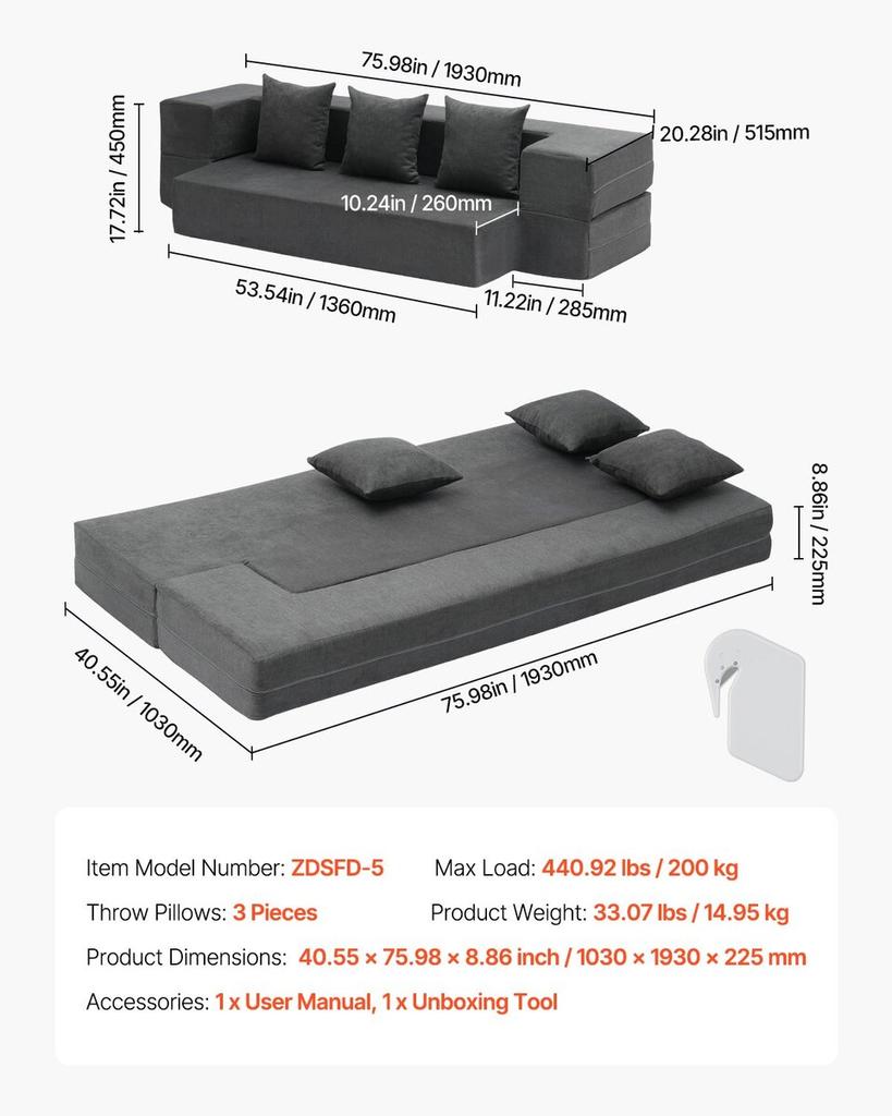 Folding Sofa Bed 3-in-1 Foldable Couch Bed with 3 Pillows Dark Grey Twin