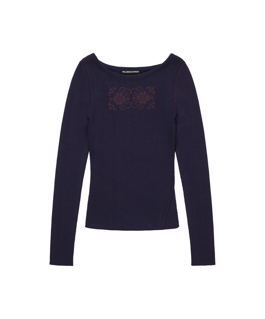 WELLBEING EXPRESS Embroidered Slit Knit Top Navy
