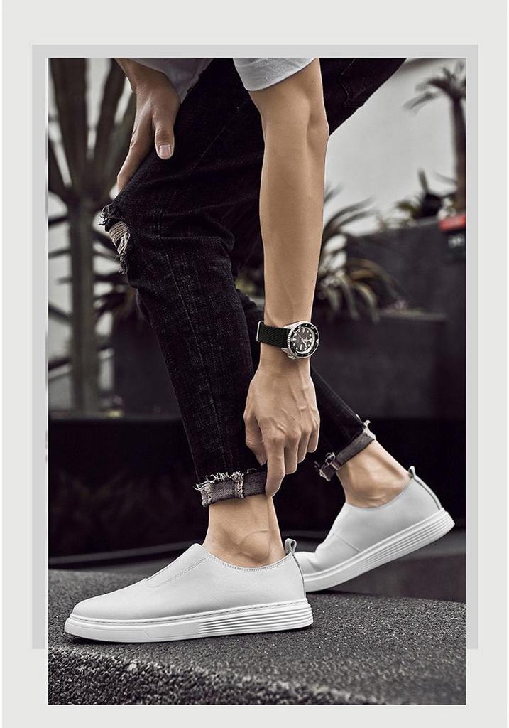 Men's Plus Size White Leather Loafers - Hand-Stitched Slip-On Cowhide Casual Shoes