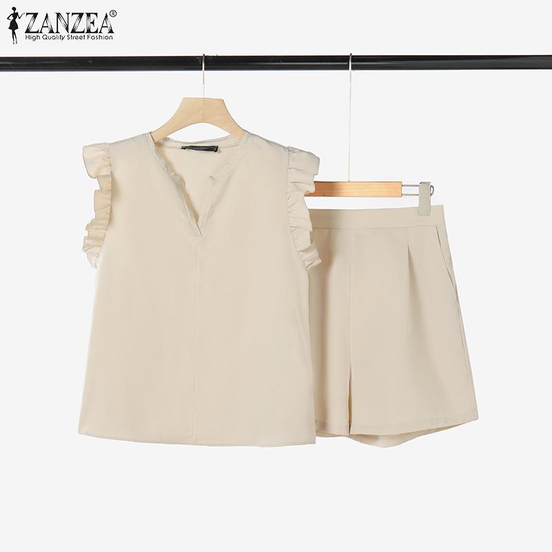ZANZEA Women Summer V-Neck Short Sleeve Lace Vest Shorts Sets