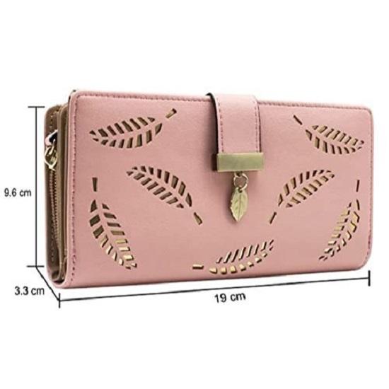 Rose Gold Vegan Leather Women's Leaf Bi-fold Card Coin Holder Long Purse Clutch Wallet
