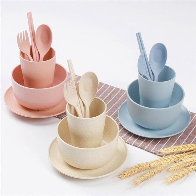 6Pcs/set Wheat Straw Baby Tableware Children Food Dishes Bowl Feeding Infant Learning Dinnerware Spo