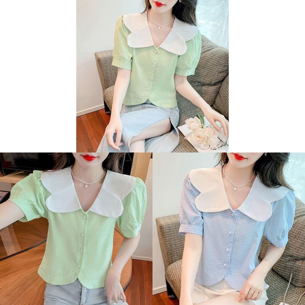 Summer Womens Blouse With Bubble Sleeves And French Collared Design For Casual Wear