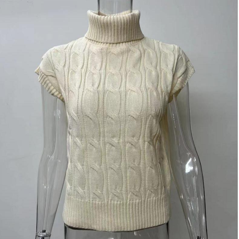IHUASU Women's Autumn Knitted Solid Colour High Neck Loose Stranded Flower Sleeveless Inner Outer Vest Vest