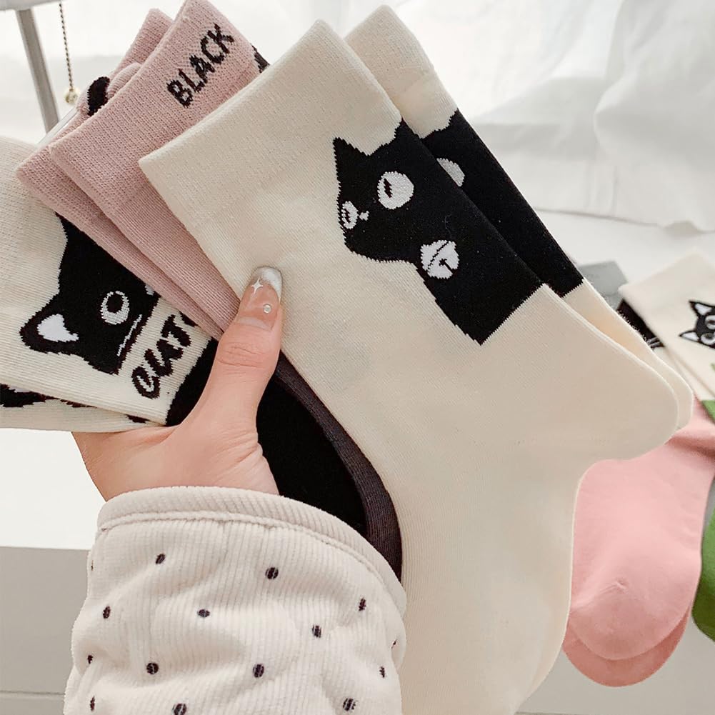 FASELE Crew Cute and Floral Soft Perfect for and All Set Women's Socks, Stylish, Cat, Animal, Print, Breathable, Cotton, Mid-Tube Socks, Spring,