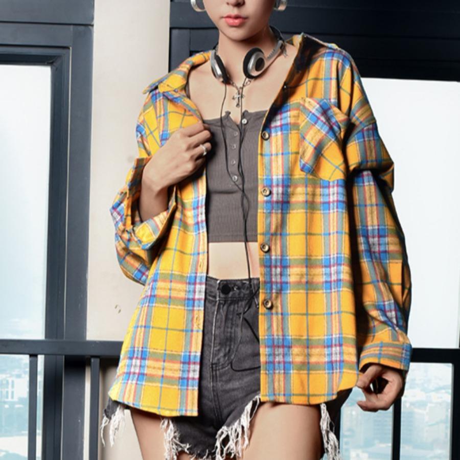 

Блузка в клетку в стиле хип-хоп, весенне-летняя клетчатая рубашка с длинным рукавом для женщин, модные повседневные рубашки с карманами и лацканами, топ L жёлтый