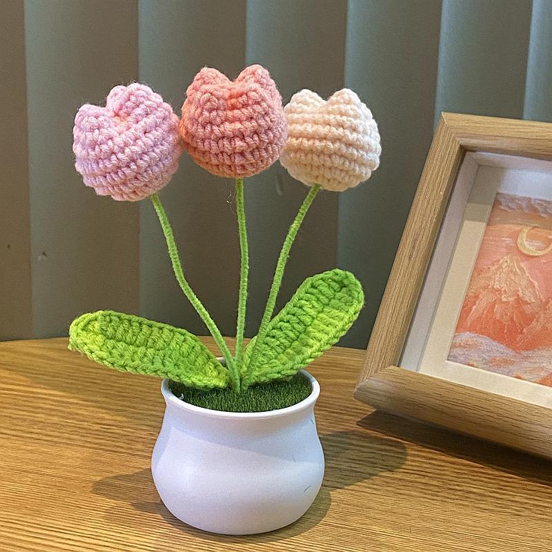 DIY Håndvevd Mini Potteblomst Rose Kontor Skrivebord Prydplanter Ulltråd Ferdig Produkt Hjemmedekorasjon