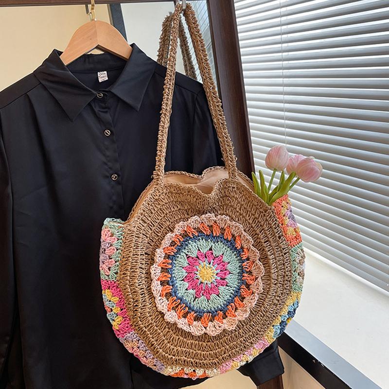 

Women s Ethnic Style Large Capacity Straw Woven Tote Bag Handmade round Shoulder Beach Bag Fashion Summer Underarm Bag